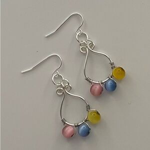 Wire Wrapped Tri-Bead Silver-tone Earrings with Sterling Silver Ear Wires